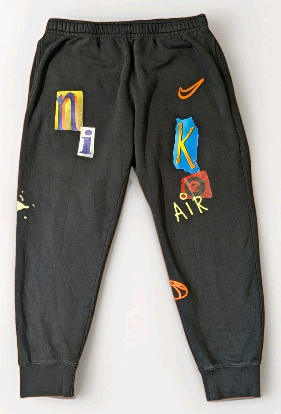 Nike Air Men’s Large Black Graphic Fleece Jogger Sweatpants Colorful Logo